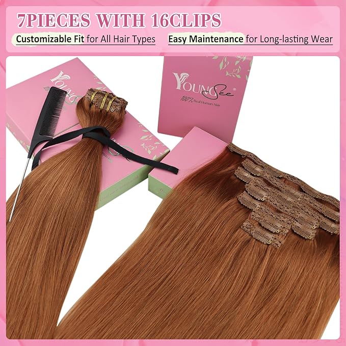 YoungSee Clip in Human Hair Extensions Copper 22inch Human Hair Extensions Clip ins Copper Hair Extensions Real Human Hair Clip ins Long Straight Hair 120g 7pcs