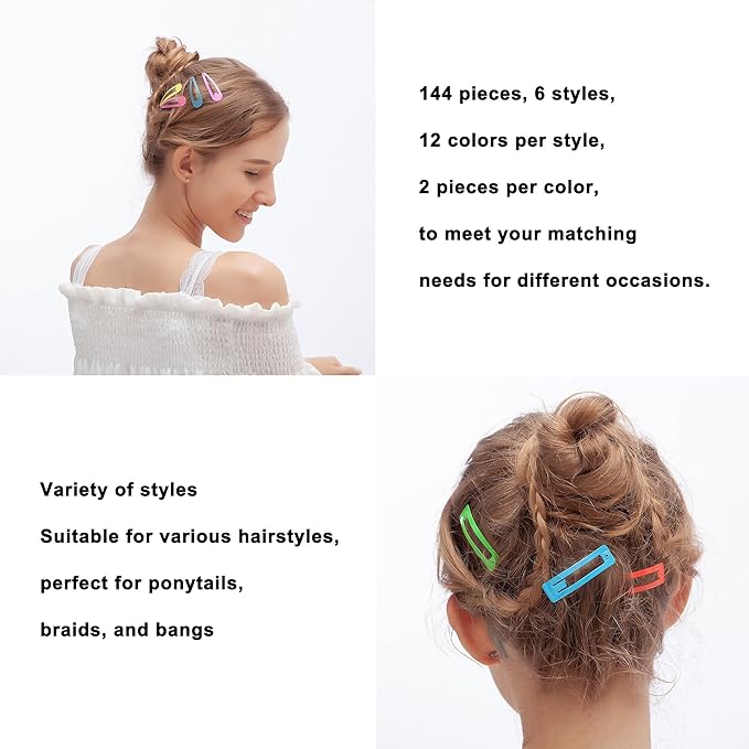 144Pcs 2 Inch Hair Snap Clips for Girls, Kids, and Toddlers – Colorful Snap Hair Clips for Girls(6 Styles and 12 Assorted Colors)