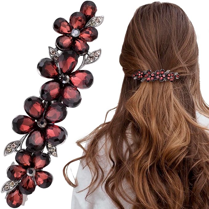 Joez Wonderful Rhinestone Hair Clips, Bridal Hair Accessories for Women, Sparkly Crystal Hair Pins, Fancy Hair Barrettes for Wedding, Bride, Long Hair (Red Flower, 1 Pcs)