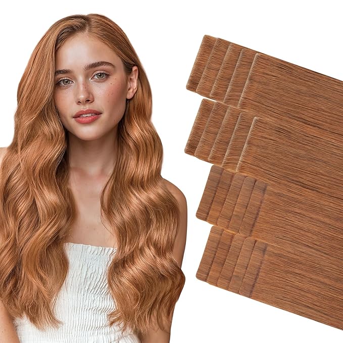 GOO GOO Invisi Edge Tape in Hair Extensions Human Hair, 330 Cinnamon Terra Copper 10pcs injected with 10pcs classical tape ins, 24inch 50g, Virgin Remy Hair, Natural Look