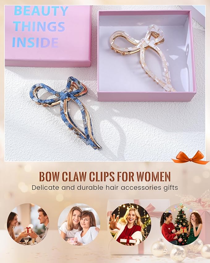 ACECHA 2 Pack Gold Metal Bow Hair Claw Clips for Women, 4.5" Colorful Non-slip Hairclips for Thick Thin Hair Claws Strong Hold Styling (Checkered)