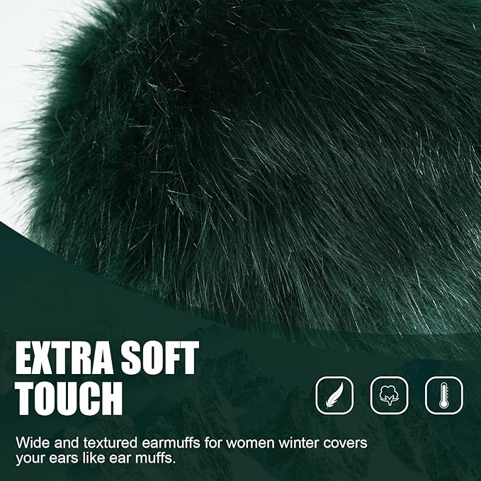 Faux Fur Headband for Women Elastic Fuzzy Thick Earmuffs Winter Headwrap Ear Muffs Furry Ear Warmers Cold Weather (Dark Green)