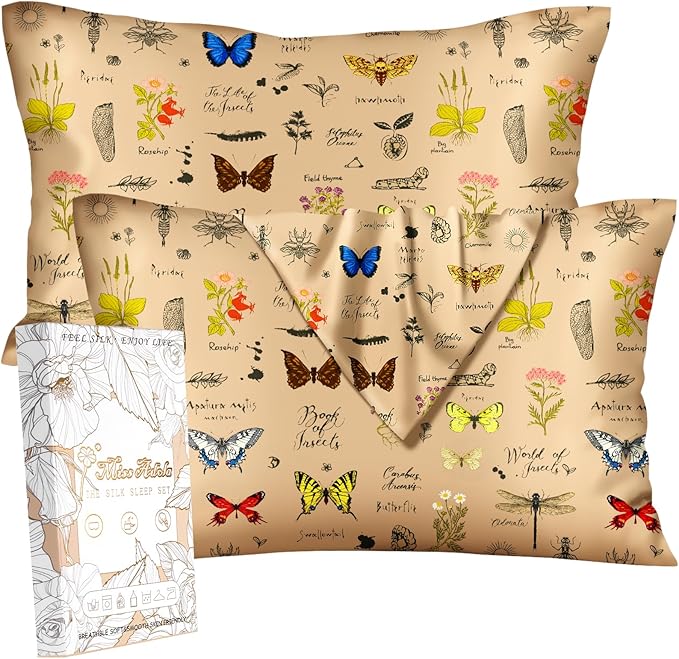2 Pack Mulberry Silk Pillowcase for Hair and Skin - Standard Size 20 x 26 Inches with Hidden Zipper Plants Butterfly 19 Momme Soft Sleeping Silk Pillow Case for Women, Moms