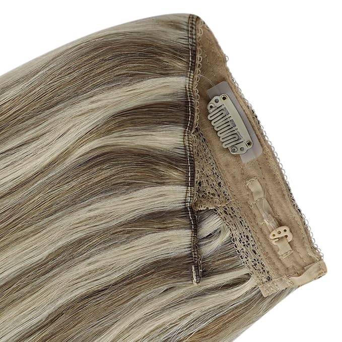 YoungSee Wire Hair Extensions Brown Blonde Invisible Wire Hair Extensions Human Hair Platinum Blonde with Light Brown Highlight Fish Line Hair Extension Real Human Hair 14 Inch 80g