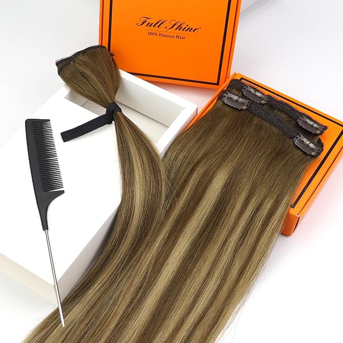 Full Shine Human Hair Clip in Extensions Brown Lace Clip in Human Hair Ombre Brown Fading to Blonde Highlight Straight Hair for Women 16 Inch 3 PCS 60 Grams