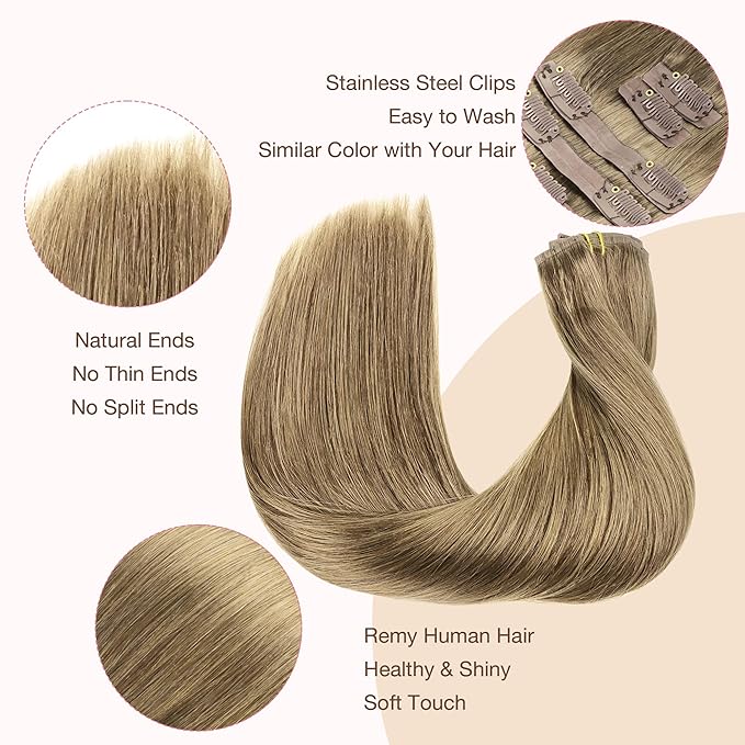 GOO GOO Clip in Hair Extensions Real Human Hair, Remy Human Hair Extensions Clip ins for Women, Natural Human Hair, 14inch 110g 7Pcs, 7 Bronde