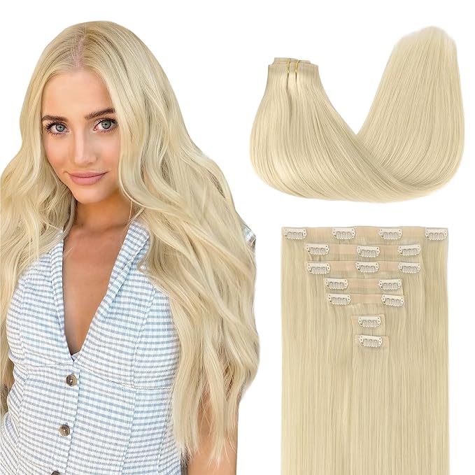 GOO GOO Clip in Hair Extensions Real Human Hair, Remy Human Hair Extensions Clip ins for Women, Natural Human Hair, 24inch 120g 7Pcs, 60A Platinum Blonde