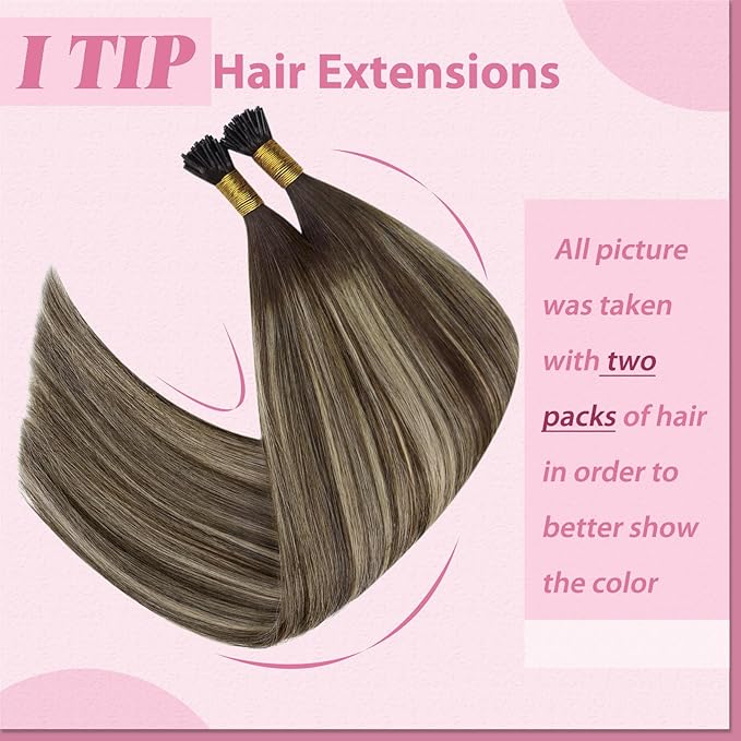 YoungSee I Tips Hair Extensions Real Human Hair Balayage Itip Hair Extensions Human Hair Brown Ombre Dark Brown with Ash Blonde I Tip Extension 20In I-Tip Human Hair Extension 50g 50s