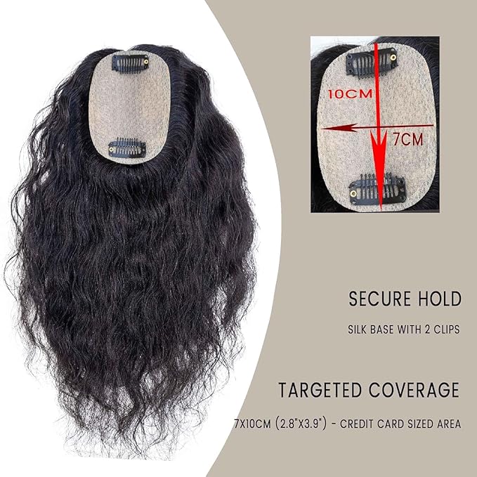 Curly Hair Toppers for Women, Real Human Hair Topper for Thinning Hair, Realistic Scalp Crown Hair Topper with Natural Volume, Clip-In 3D Scalp Cover, Natural Black 1B 12 In