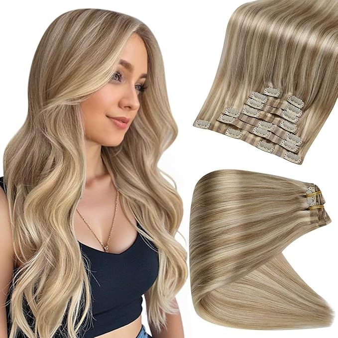 Full Shine Clip in Hair Extensions Human Hair Dark Blonde Mix Light Blonde Seamless Hair Extension Clip ins PU Weft for Women 20 Inch 8 PCS 120 Grams