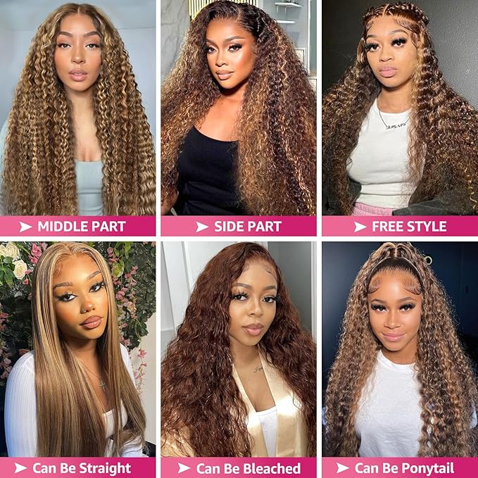 30 Inch Honey Blonde Deep Wave Lace Front Wigs Human Hair 200 Density 13x6 HD Lace Front Wigs Ombre Human Hair Wig Glueless P4/27 Highlight Wig for Women Pre Plucked with Natural Hairline