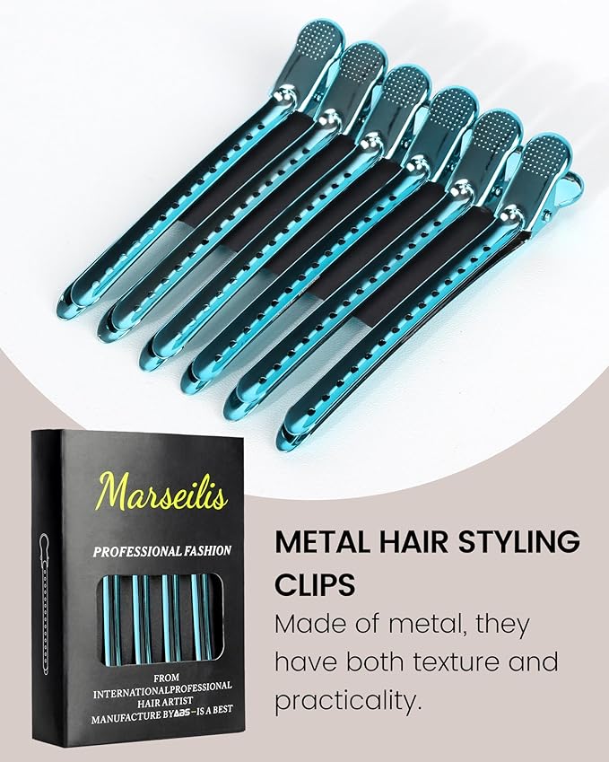 Alligator Clips for Hair Styling 12 pcs Anti-Slip No-Trace Duck Billed Hair Clips Rustproof Metal Alligator Curl Clips for Hair Styling for Salon & Makeup, blue.