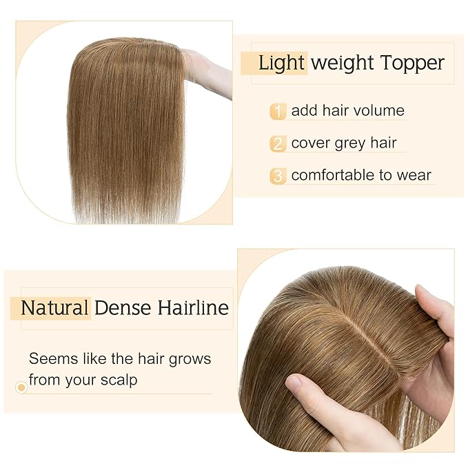 SEGO Human Hair Toppers for Women With Thinning Hair, 7 * 13CM Silk Base 100% Real Human Hair Clip in Top Wiglet Hairpieces //12 Inch No Bangs Light Brown