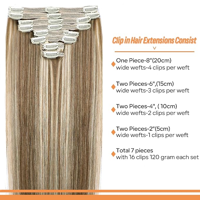 Straight Clip In Hair Extensions Real Human Hair 8Pcs Clip In Balayage Chestnut Brown Highlight Blonde Human Hair Extensions with 18Clips Lace Weft 120g 16inch