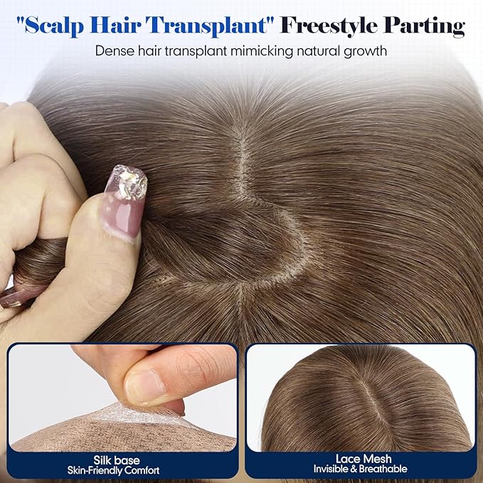 HAIRCUBE Hair Toppers For Women With Thinning 5"*5" Large Base Real Hair Toppers For Women, 14 Inch For Hand-Woven, 60g, Silk, Natural, realistic, Use Daily, Hairloss, Brown, with bangs