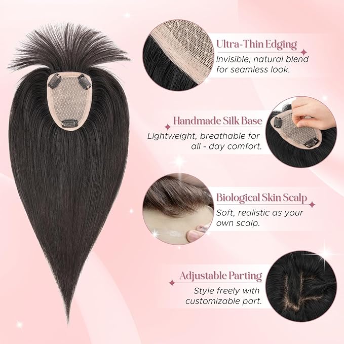 Real Human Hair Toppers for Women 3.54"*4.72" Silky Base 150% Density With Bangs Adjustable Parting Clip-In Topper Hairpieces for Women with Thinning Hair 10 Inches Natural Black