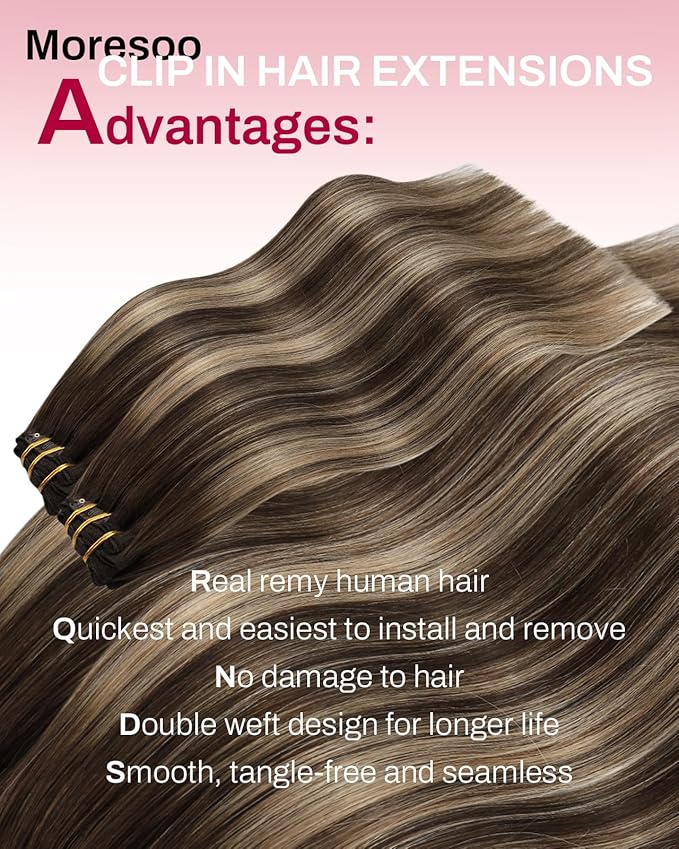 Moresoo Ombre Brown Clip in Hair Extensions Dark Brown to Caramel Blonde Balayage Real Hair Extensions Clip in Human Hair Full Head 16 inch 120g/7pcs