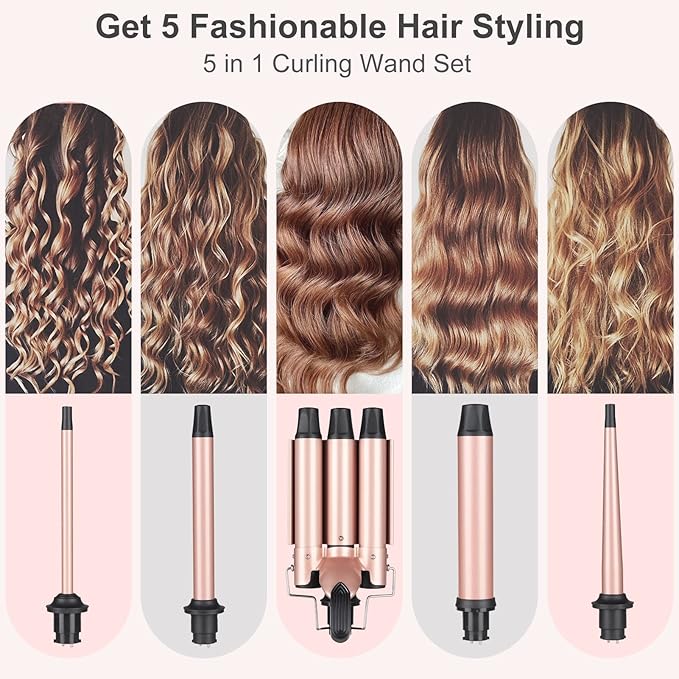 Wand Curling Iron Hair Crimper, Emocci Pro Large 3 Barrel (0.35"-1.25" Ceramic Barrel) Hair Crimper for Women Beach Waves Instant Heat Hair Waver Set for Long Hair Curlers 5-in-1 Curling Wand Set