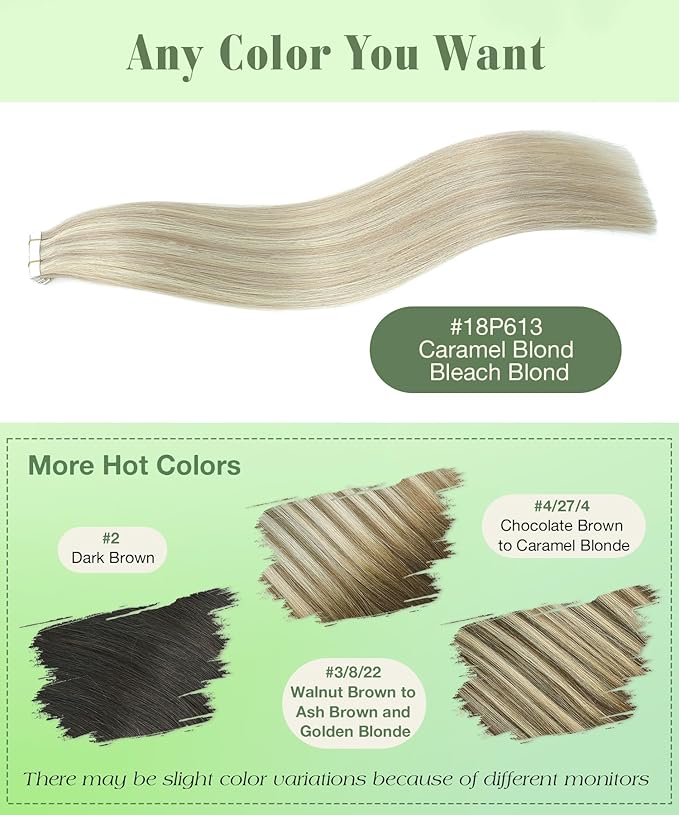 SURNEL Human Hair Tape in Extensions Double Drawn Ash Blonde Highlight Bleach Blonde Tape in Hair Extension 20 inch 20pcs 50g(#18P613-20)