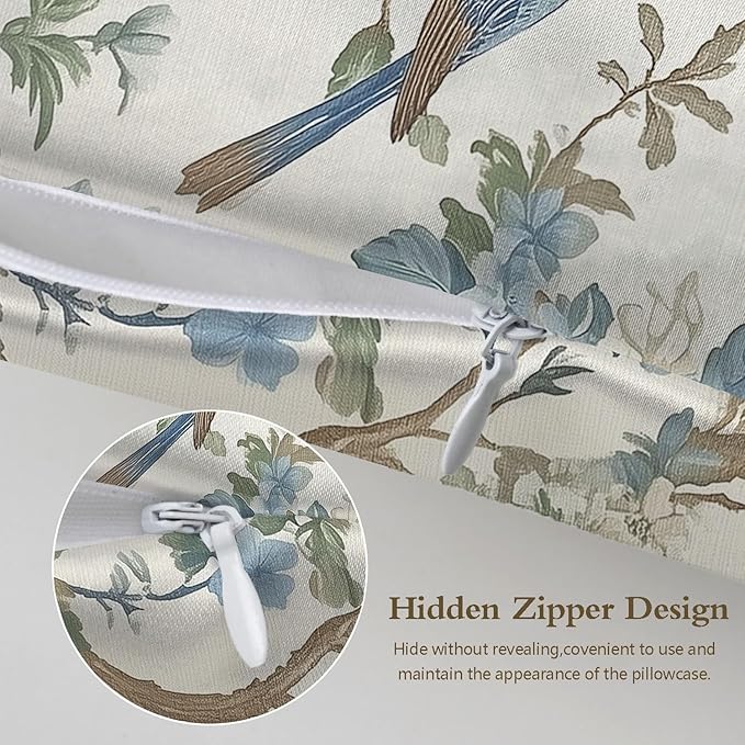 Silk Pillow Case for Hair and Skin Abstract Blue Beige Floral and Bird Standard Size Silk Pillow Case with Zipper Super Soft Pillow Covers for Women Bed Sleeping, 20x26 Inches