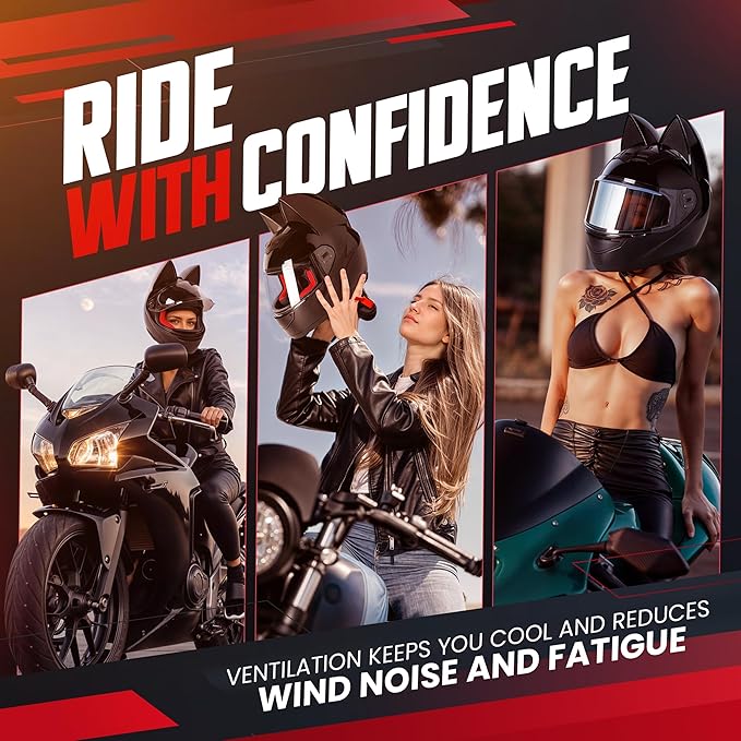 Custom Kitty Cat Ear Automotive Motorcycle Biker Helmet with Bluetooth | for Moped | Bike | Vespa | Scooter | ATV | Quad | Dirtbike | DOT FMVSS218 Approved and Certified