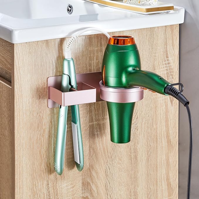 Blow Dryer Holder Wall Mounted, Hair Straightener Holder, Hair Dryer Holder Adhesive, Hair Tool Organizer for Flat Iron, Hairdryer, Curling Iron Holder for Bathroom Vanity Barber Shop (Rose Gold)