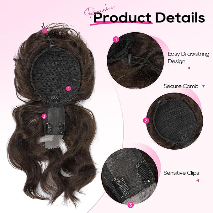 REECHO Messy Bun Hair Piece with Bangs – 2-in-1 Drawstring Ponytail Extension Updo Wig & Hair Topper with Long Side Bangs, Natural-Looking Hair Bun Hairpieces for Women - Chocolate Brown