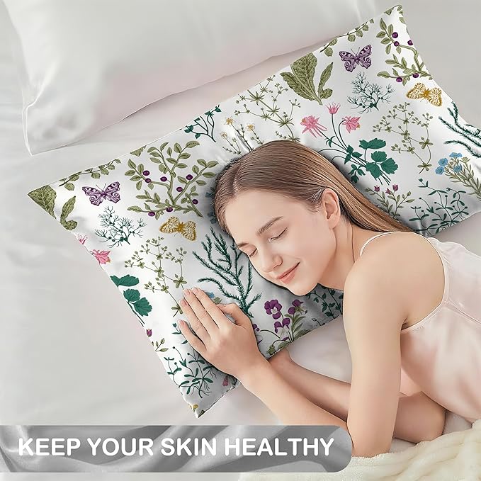 Leaves Herbs and Wildflowers Satin Pillow Case Queen Size,Soft Pillowcases for Hair and Skin Similar to Silk,Pillowcases with Hidden Zipper Bedding Accessories,20X30 Inches,1 Pack