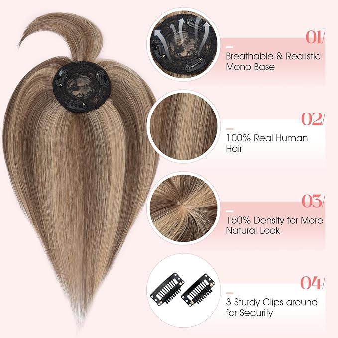 Hairro Mono Hair Toppers with Bangs, 3.4" x 3.4" Mono Base 100% Real Human Hairpieces for Women, 150% Density Clips In Topper for Greyish Thinning Hair, 14 Inch Medium Brown Mix Dark Blonde