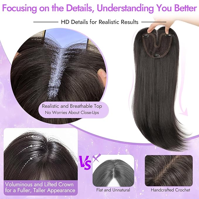 Dark Brown with Caramel Highlights Synthetic Hair Toppers for Women with Thinning 3D 360° Cover Clip in Wispy Bangs Upgraded Adjustable Bandage 18 Inch Long Layered