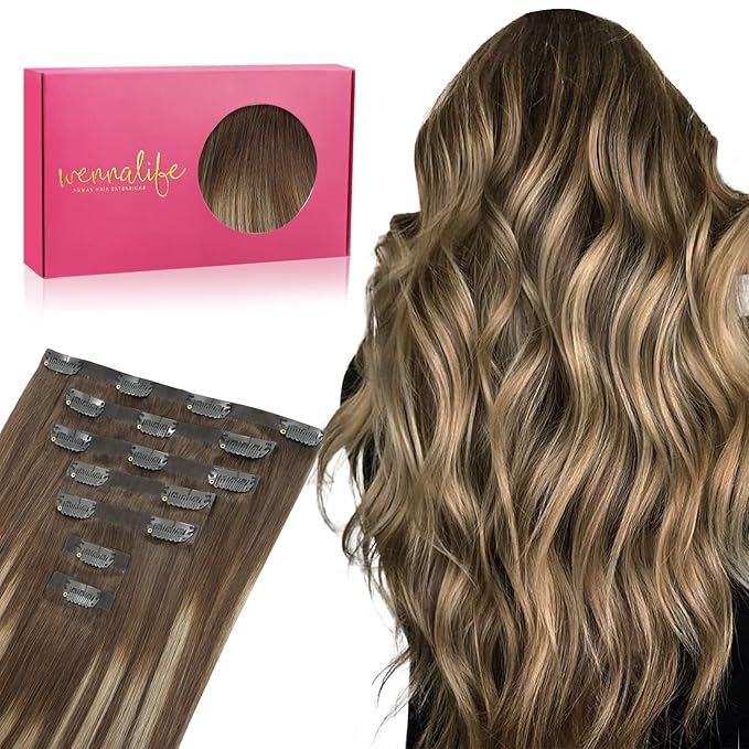 WENNALIFE Seamless Clip In Hair Extensions Human Hair, 24 Inch 160g 7pcs Balayage Chocolate Brown to Honey Blonde Hair Extensions Clip In Invisible PU Skin Weft Real Human Hair Extensions Clip In