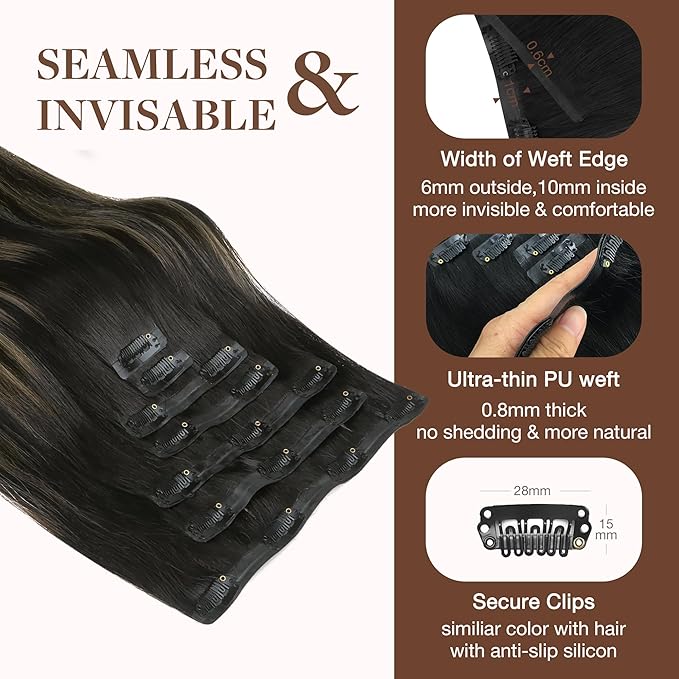 GOO GOO Clip in Hair Extensions Real Human Hair, Remy Human Hair Extensions Clip ins for Women, Natural Human Hair, 18inch 130g 7Pcs, 1B/16/1B Balayage Natural Black to Light Blonde