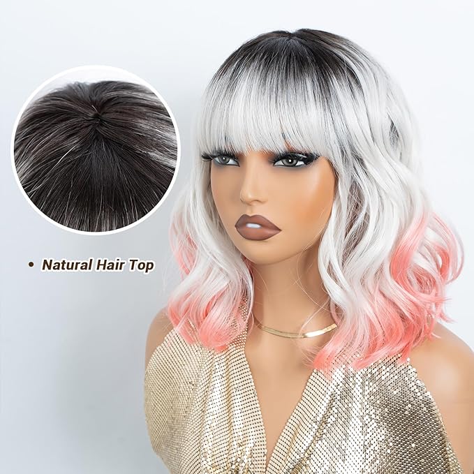 NOBLE Colourful Short Bob Wigs with Bangs for Women 3 Tone Ombre Greyish white root to Pink Color Short Wavy Bob Hair Wig Shoulder Length Synthetic Heat Resistant Bob Wigs