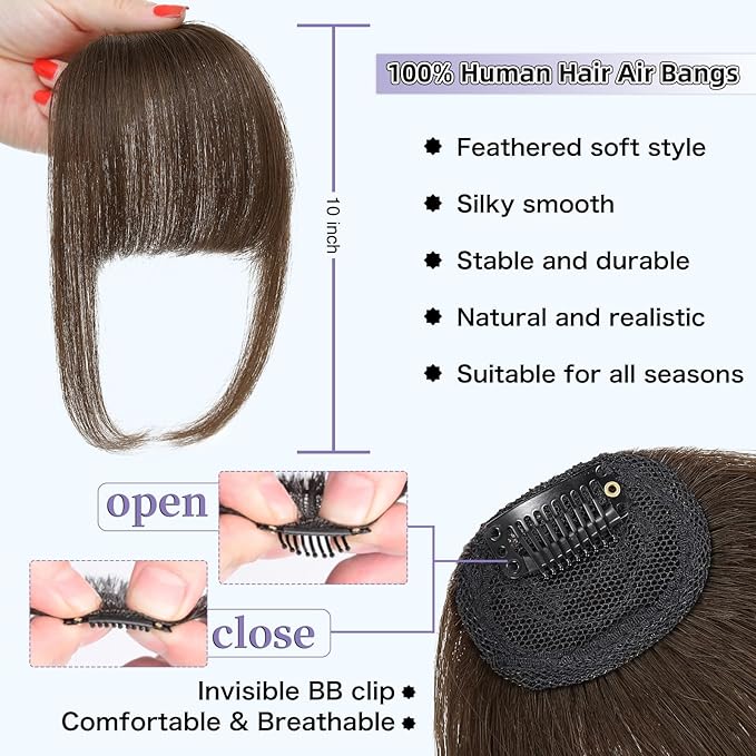 Wispy Bangs Hair Clip, 100% Human Hair Clip In Medium Brown Bangs for Women, Soft Layered Fake Bangs with Feathered Fringe, Easy Clip-On Design for Daily Wear & Halloween