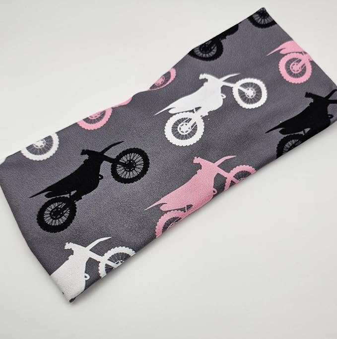 Soft Stretchy Headband, 3-in-1 Versatile Twist Style, One-Piece (Dirtbikes - Pink & Grey, Adult)