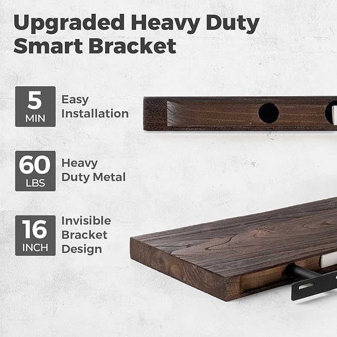 RICHFOCUS Live Edge Elm Floating Shelves - 55" W x 9.3" D Rustic Solid Wood Wall Shelves with Invisible Bracket, Wall-Mounted for Living Room, Bedroom, Kitchen Storage & Display, Set of 1, Walnut