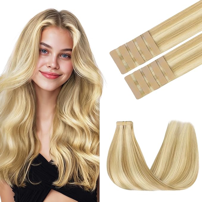 GOO GOO Tape in Hair Extensions Human Hair, 18D/22F Dirty Blonde Highlights, 14inch 25g 10pcs, Skin Weft Seamless Invisible, Silky Straight with Thick Ends, Remy Human Hair