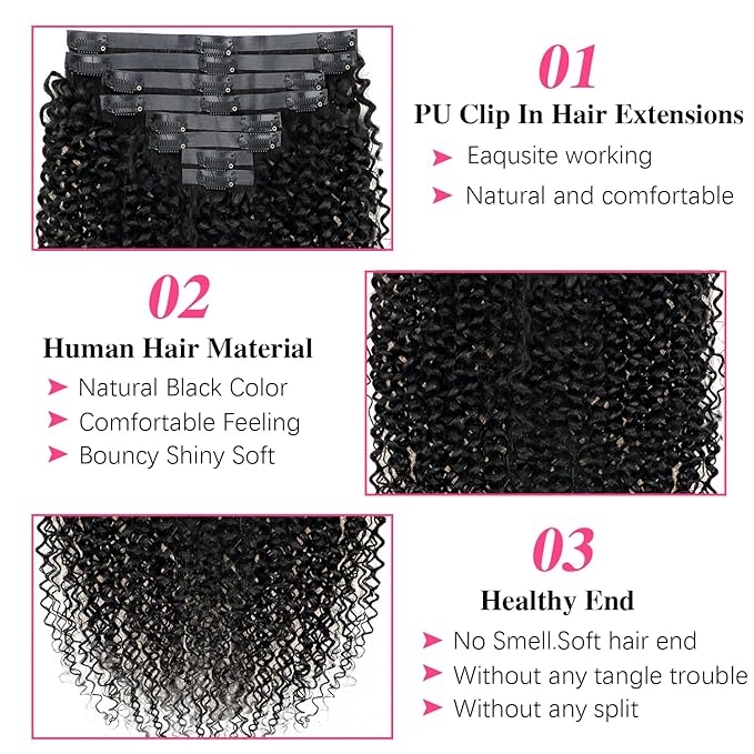 Seamless Clip In Hair Extensions Real Human Hair Invisible PU Weft Kinky Curly Clip Ins Human Hair Extensions 8pcs with 18Clips Per Set 120g(22inch,Natural Black)
