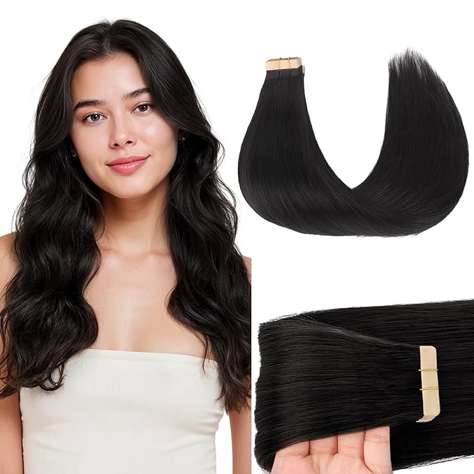 GOO GOO Tape in Hair Extensions Human Hair, 1B Natural black, 12inch 40g 20pcs, Skin Weft Seamless Invisible, Silky Straight with Thick Ends, Remy Human Hair