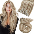 Moresoo Long Hair Extensions Clip ins Blonde Highlights Medium Brown with Platinum Blonde Double Weft Human Hair Clip in Extensions Highlights Brown with Blonde for Party 120g/7pcs 24in