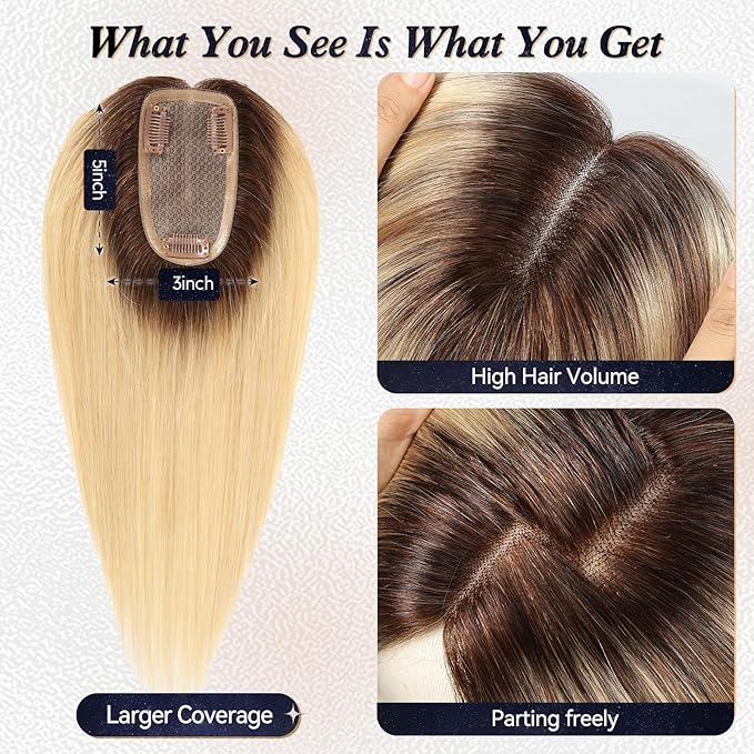 starluck Hair Toppers for Women Real HumanHair,5"*3"MONO Base Hand-moven Topper,100% Real HumanHair Toppers for Women with Thinning,Gray Roots,High Volume,Ombre Light Blonde