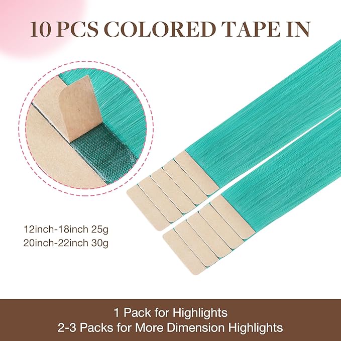 GOO GOO Tape in Hair Extensions Human Hair, Teal Green, 18inch 25g 10pcs, Colored Tape ins Human Hair Extensions, Silky&Soft Invisible Tape Ins, Hair Highlighted for Party