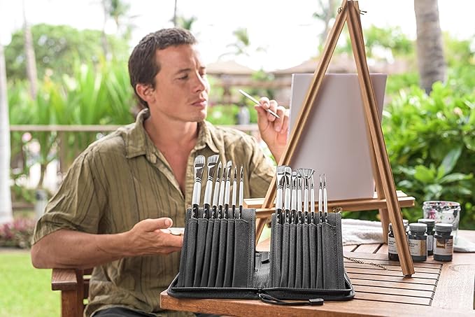 ADIS&Guys 15-Piece Art Paint Brush Set – Professional Brush Kit for Acrylic, Oil, Watercolor, Gouache, Face and Body – Includes Angle, Filbert, Flat, Fan & Round Brushes with Travel Case