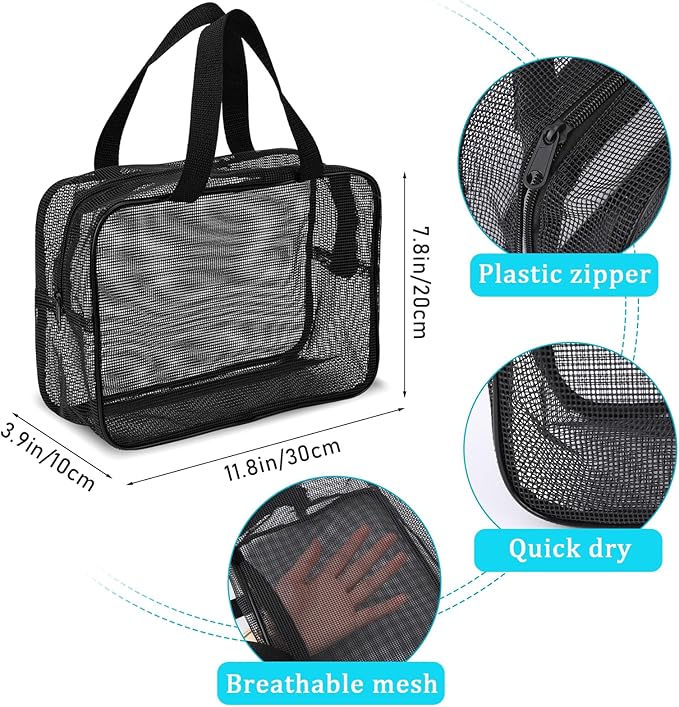 Mozeat Lens Portable Mesh Shower Caddy Bag - Black Dorm Toiletry Organizer Tote Quick-Dry Gym Shower Bag for Travel Camping College Dorm Room Bathroom