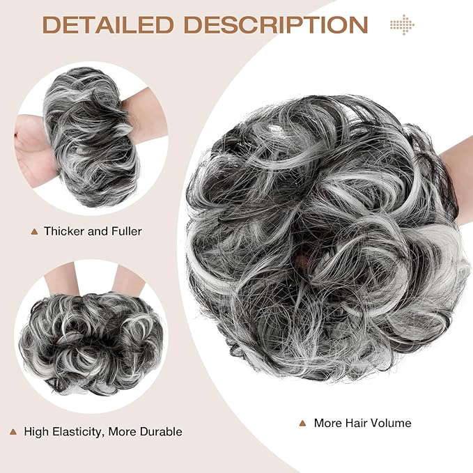 Messy Bun Hair Piece Wavy Curly Scrunchies Fluffy Donut Thick Updo Elegant Chignon Hairpieces for Women Girls, Natural Black Mix Silver Grey 1.4oz