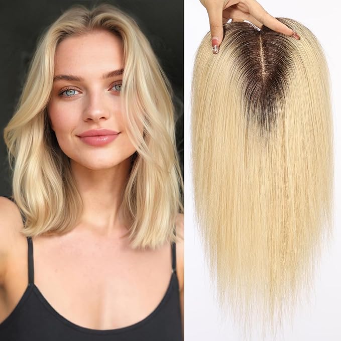HAIRCUBE Hair Toppers For Women With Thinning 5"*5" Large Base Real Hair Toppers For Women, 14 Inch For Hand-Woven, 60g, Silk, Natural, realistic, Use Daily, Hairloss, Ombre Light Blonde, No Bangs