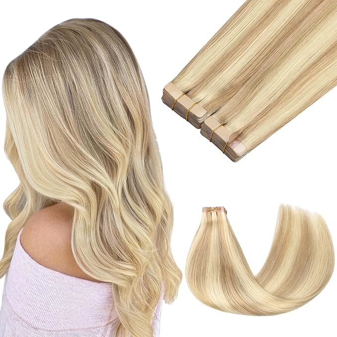 GOO GOO Tape in Hair Extensions Human Hair, 18A/613A Dark Blonde Highlighted Bleach Blonde, 20inch 100g 40pcs, Skin Weft Seamless Invisible, Silky Straight with Thick Ends, Remy Human Hair
