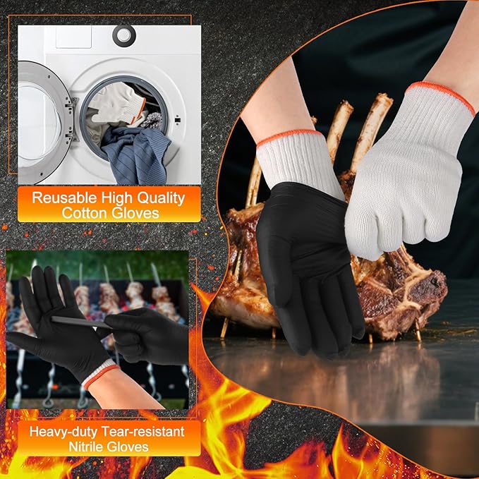50 Disposable Black Nitrile Gloves, Heat Resistant Gloves for Cooking/BBQ/Cleaning, Powder Latex Frees Meat Food Prep Grilling Smoking Guantes - Large