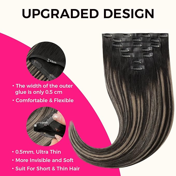 Lashey Seamless Clip in Hair Extensions Human Hair, 110g 7pcs Straight Balayage Natural Black to Light Blonde Highlighted Clip in Hair Extensions for Black Women 14 Inch