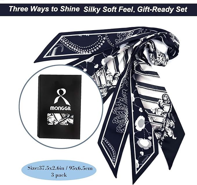 Skinny Scarf 3 Pack for Women – Bag Scarf, Silk Hair Scarves (Original Prints, Premium Twill, 3 Designs)
